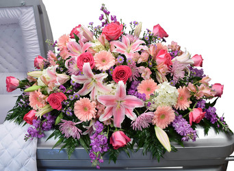 Roses, Lilies, Mums Casket Design from Dallas Sympathy Florist in Dallas, TX